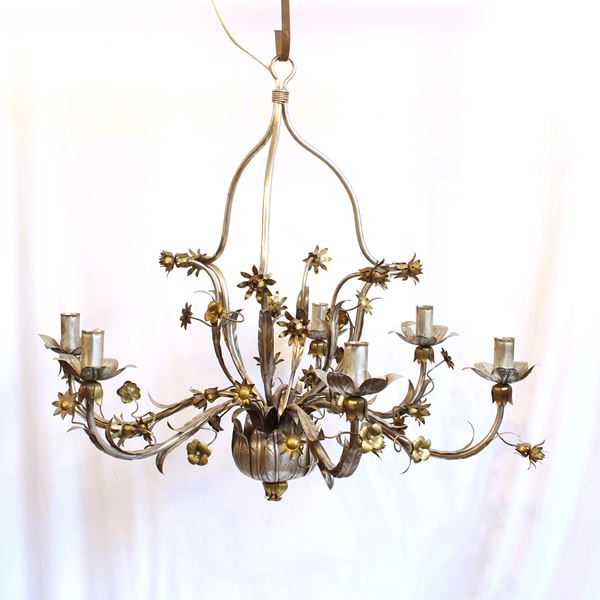 Lampadario a sei luci in metallo argentato e dorato