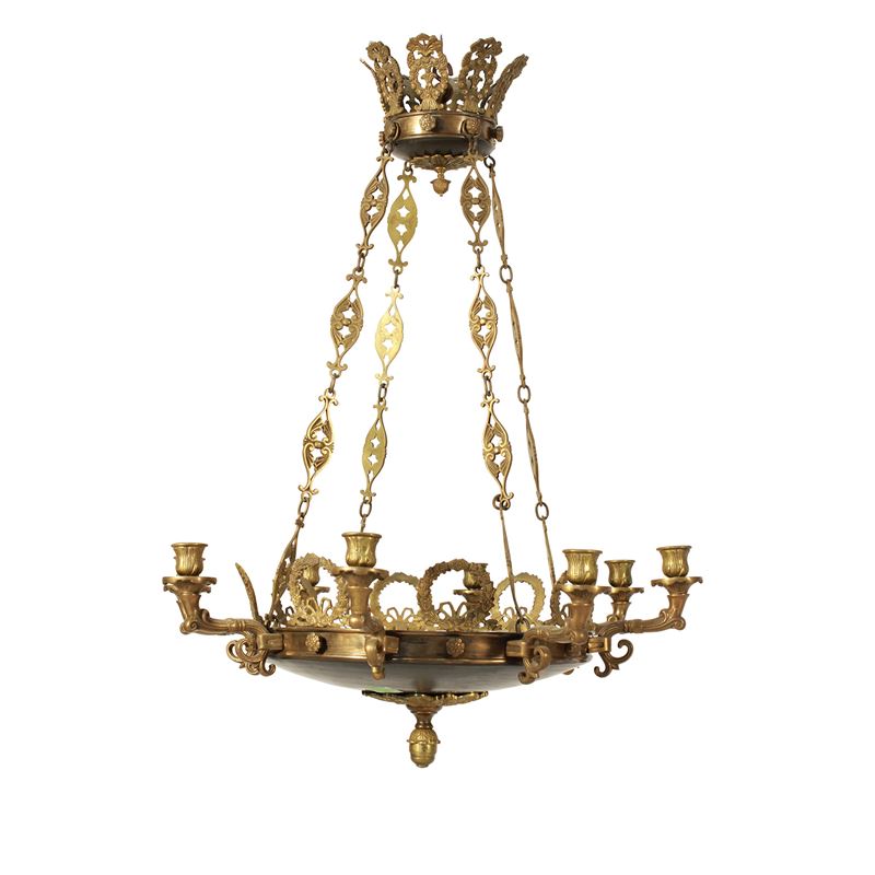 Lampadario a otto luci in stile Impero  (XIX-XX sec.)  - Asta Dimore Venete - San Luca Casa d'Aste