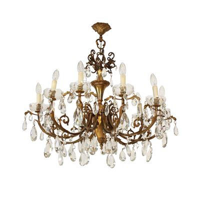 Lampadario a Dieci Luci in Metallo Dorato