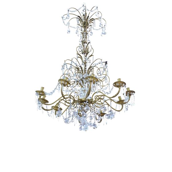 Lampadario a dieci luci in bronzo e cristallo