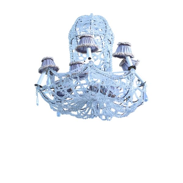 Lampadario a otto luci in ferro battuto e vetro