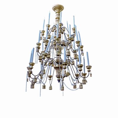 Lampadario in Legno Dorato e Ferro Battuto