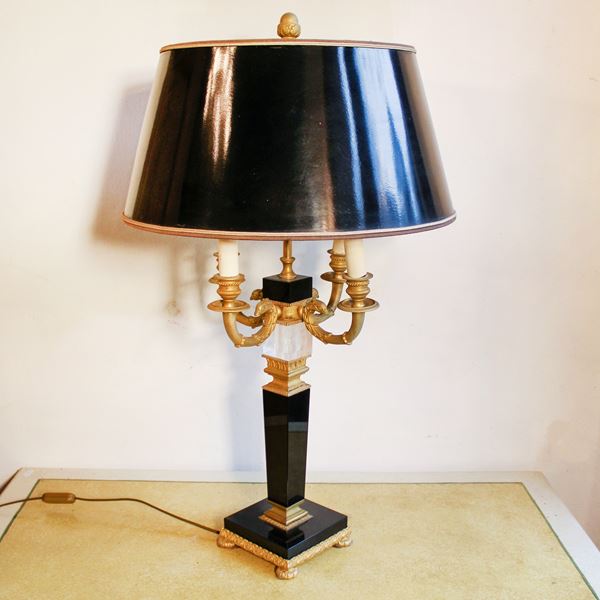 Lampada da tavolo in ardesia, bronzo e cristallo di rocca