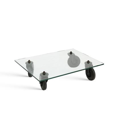 Gae Aulenti, Tavolo con ruote, vetro e struttura in metallo verniciato, produz. Fontana Arte