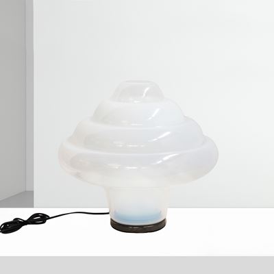 Carlo Nason, Lampada da tavolo Lotus, mod. LT. 305, vetro di Murano opalino con base in metallo