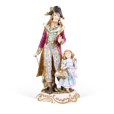Manifattura tedesca, Scultura in porcellana raffigurante donna con bambina