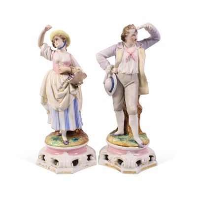 Manifattura Italiana, Coppia di statue in porcellana di figure popolari, XX secolo