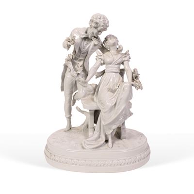 Manifattura Capodimonte, Scultura in ceramica smaltata raffigurante una scena galante