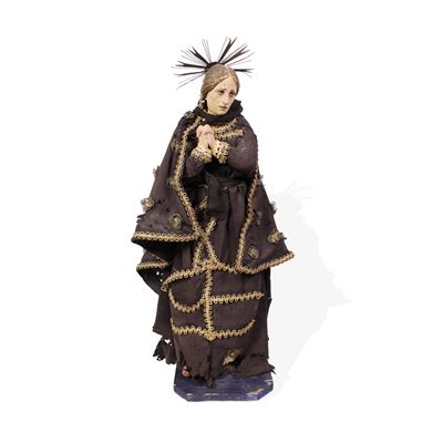 Manifattura Italiana, Figura religiosa in ceramica con abiti in tessuto