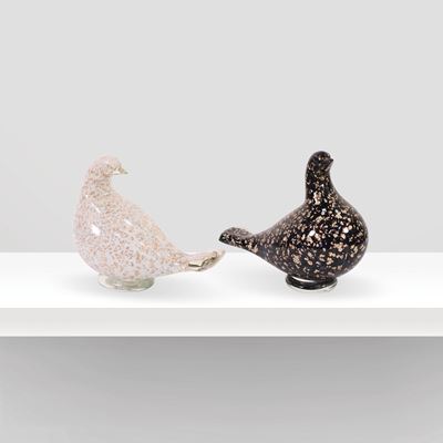 Fratelli Toso, Coppia di sculture in vetro soffiato colorato con foglie d'oro, Italia, anni '50
