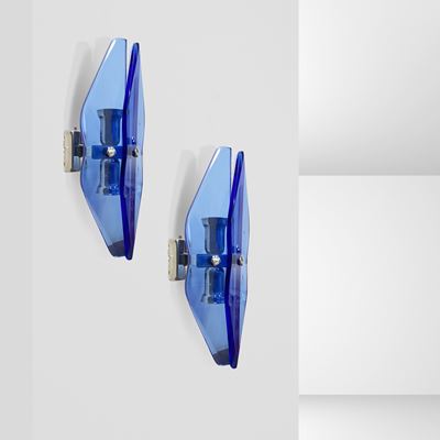Manifattura italiana, Coppia di appliques in vetro colorato e metallo