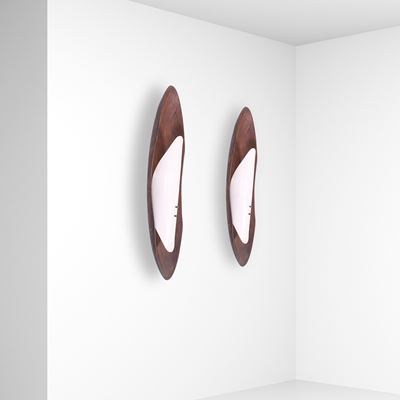 Manifattura italiana, Coppia di appliques in legno e plexiglass