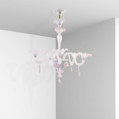 Manifattura italiana, Lampada a sospensione in vetro bianco e rosa