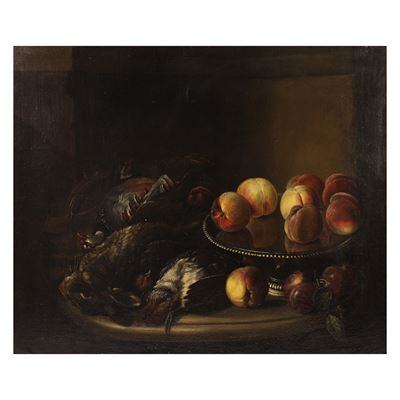 Pittore italiano del XIX secolo, Natura morta di frutta e selvaggina, olio su tela