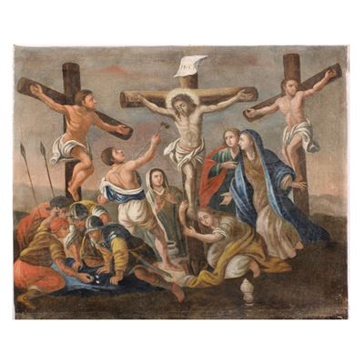 Scuola italiana, Crocefissione di Gesù con la Vergine Maria e la Maddalena, olio su tela