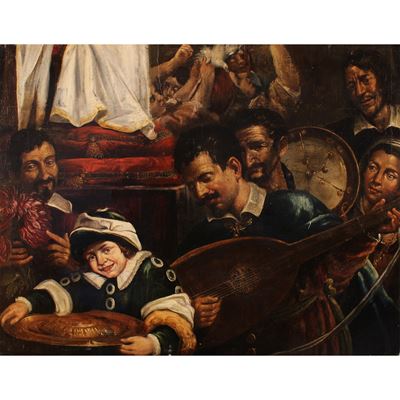 Scuola fiamminga, Scena d'interno con musicanti, olio su tela