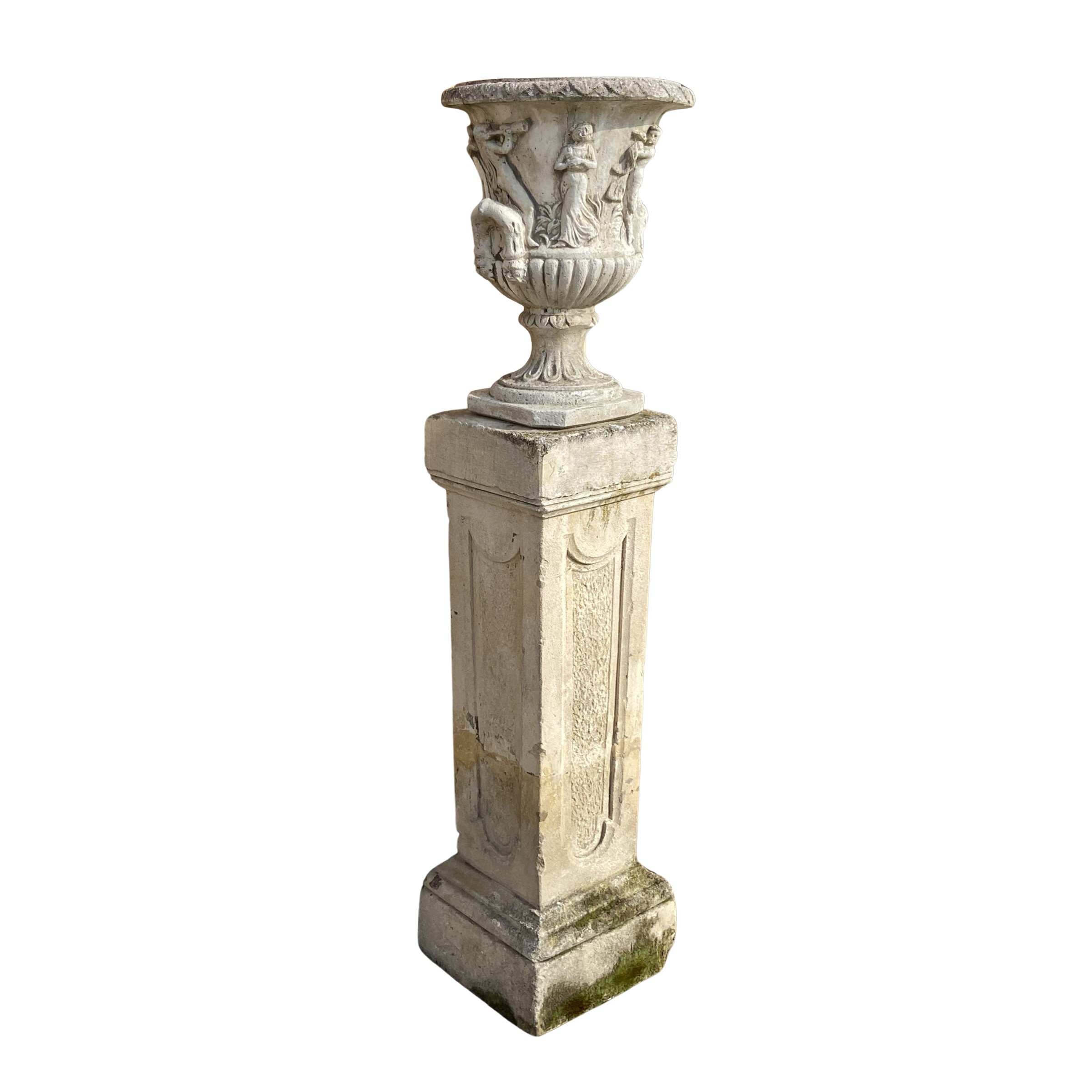 Quattro vasi neoclassici in pietra composta con basi in pietra Molera