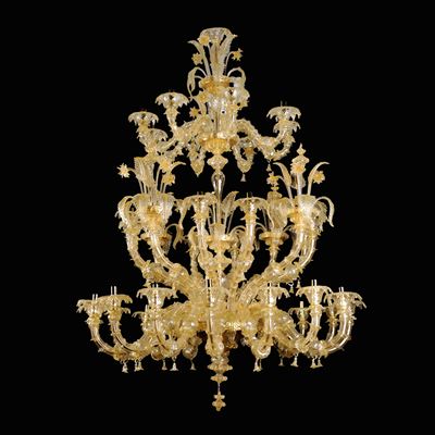 Lampadario Rezzonico in vetro trasparente e oro, Murano, XX secolo, 32 luci