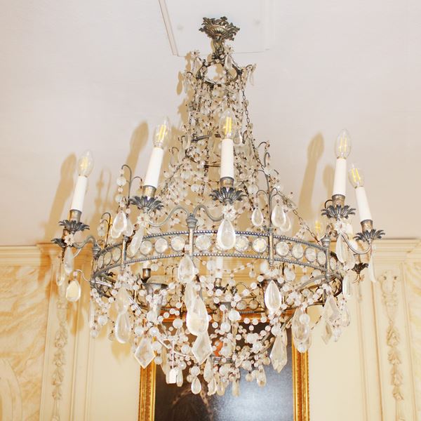 Lampadario a quindici luci in bronzo e vetro