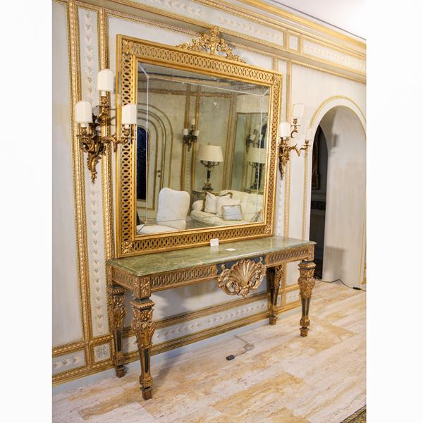 ♦ Consolle con specchiera in legno dorato e laccato