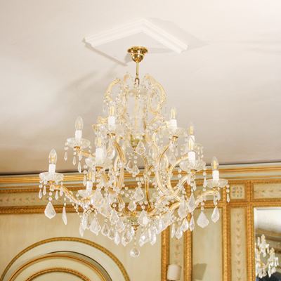 Lampadario a Dodici Luci in Vetro e Ottone