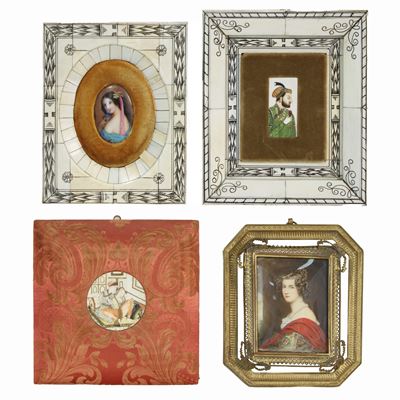 Manifatture varie, quattro miniature e piccoli ritratti entro cornici decorative
