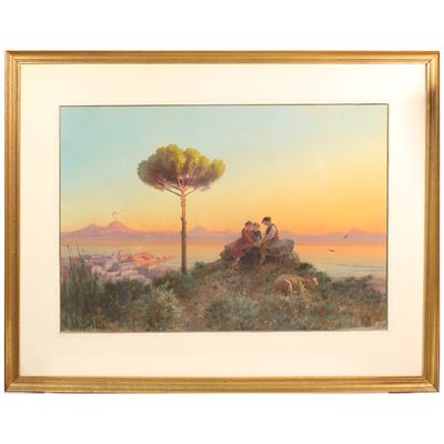 Pittore napoletano, Veduta del golfo di Napoli e bambini, tempera su carta