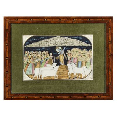 Scuola di Kangra, Krishna che solleva il monte (Govardhan Dari) su tavoletta, tempera