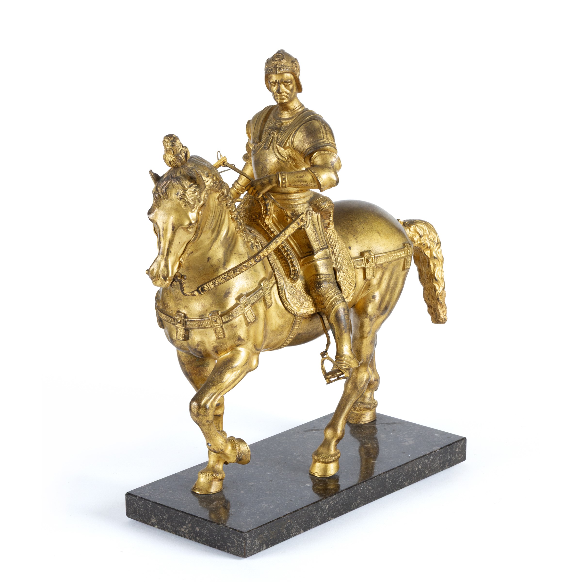 Scultore italiano, Scultura in bronzo dorato raffigurante Bartolomeo Colleoni su base in marmo