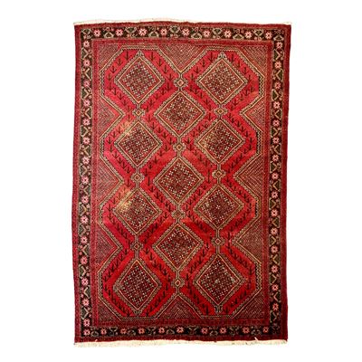 Tappeto orientale, decorazione geometrica su fondo rosso, XX secolo