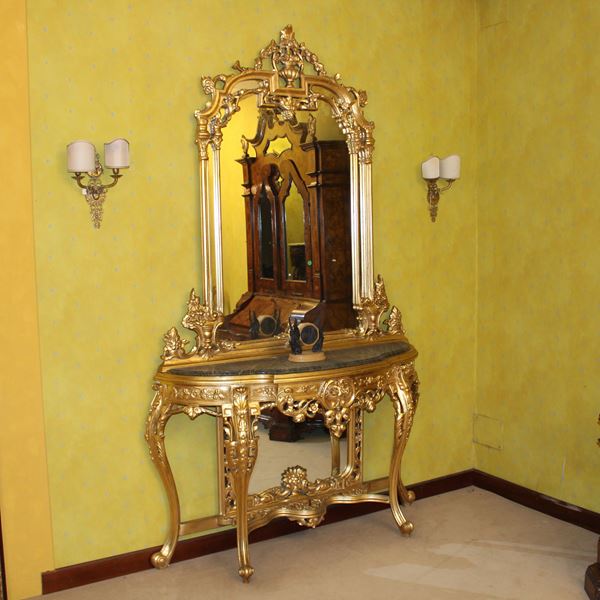 ♦ Consolle con specchiera in legno dorato