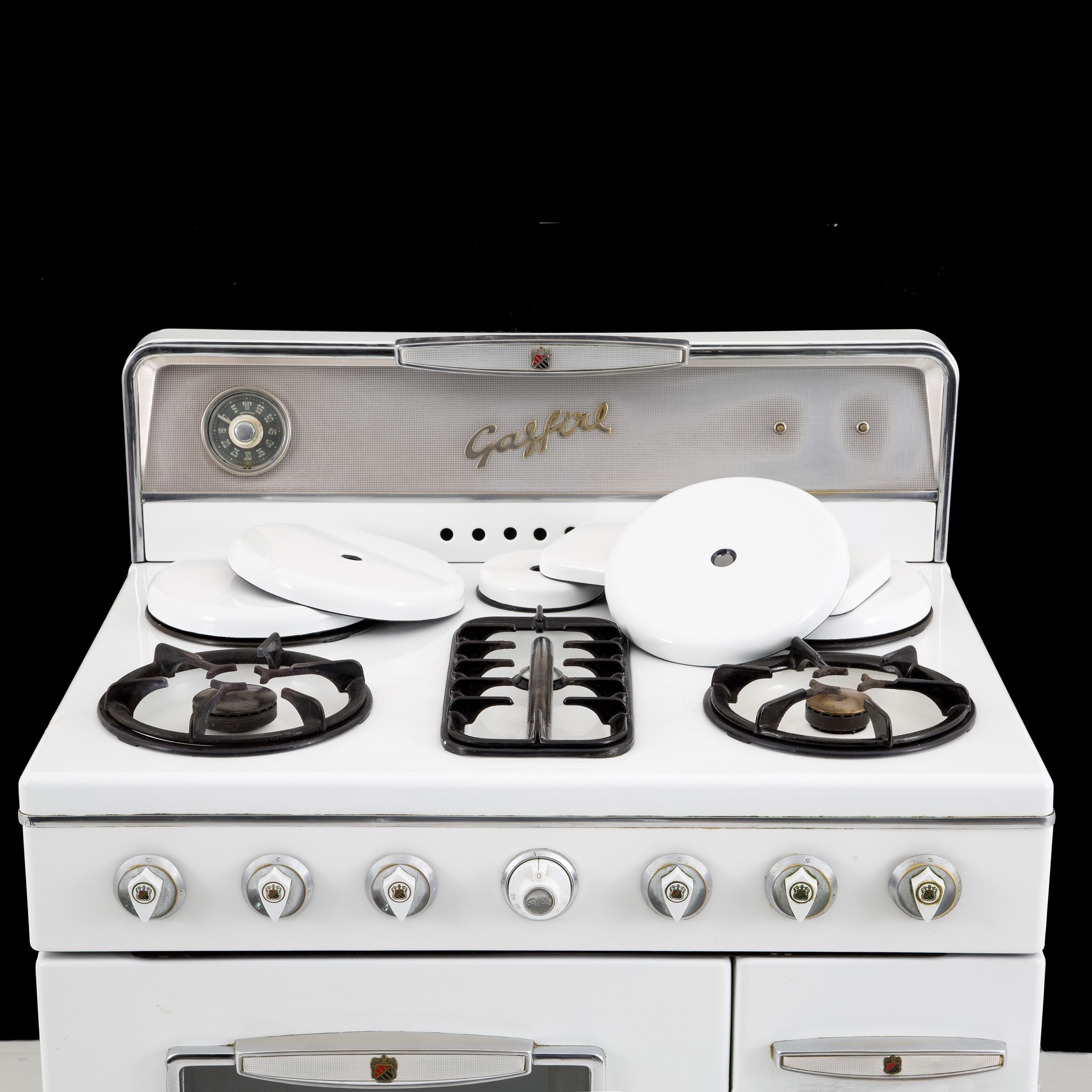 Gasfire, cucina con piano a sei fuochi e timer, anni ’50