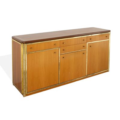 Attribuito a Romeo Rega, Credenza in legno e ottone a tre sportelli e quattro cassetti