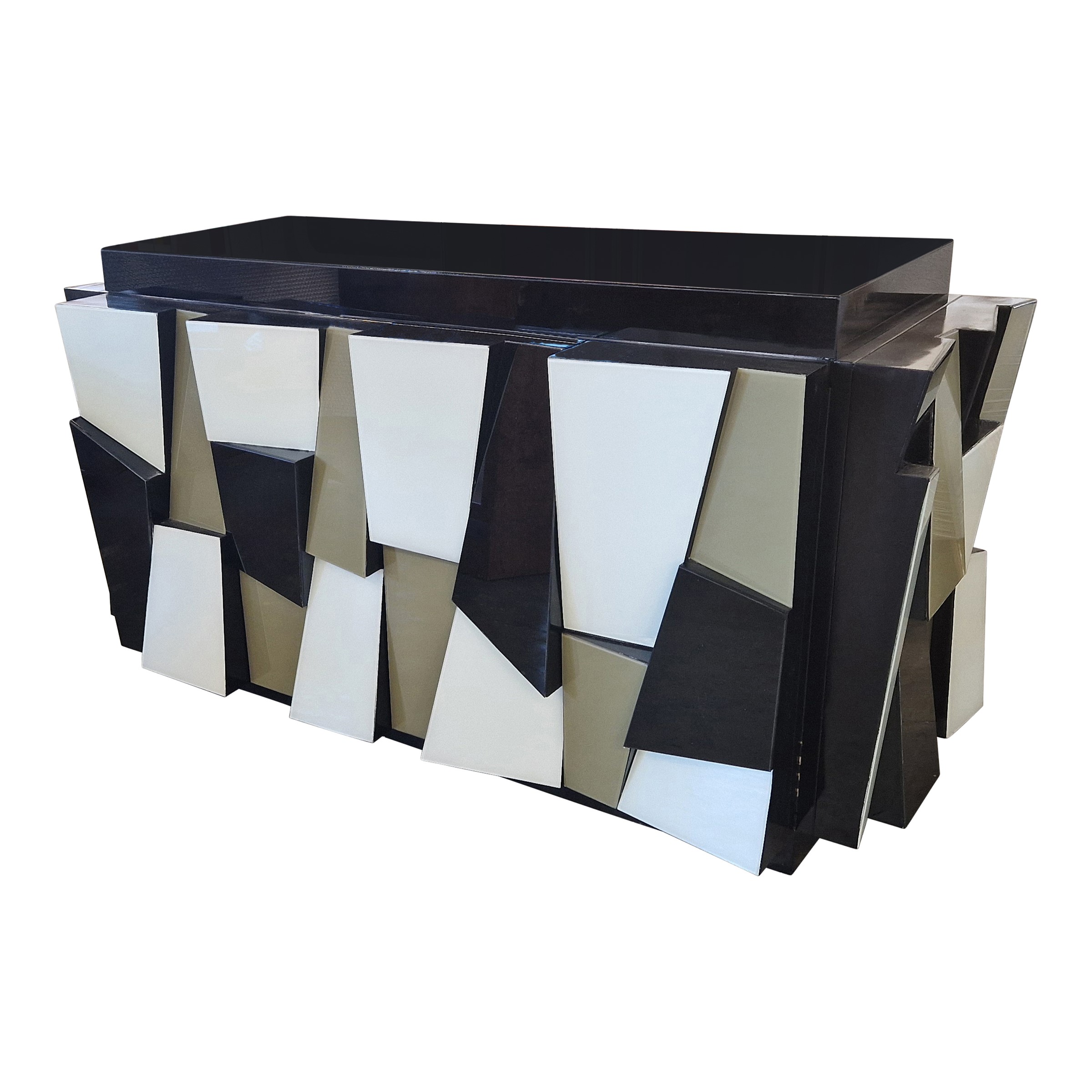 Manifattura italiana, Sideboard in legno con mattonelle in vetro nero, bianco e salvia (anni '90)...