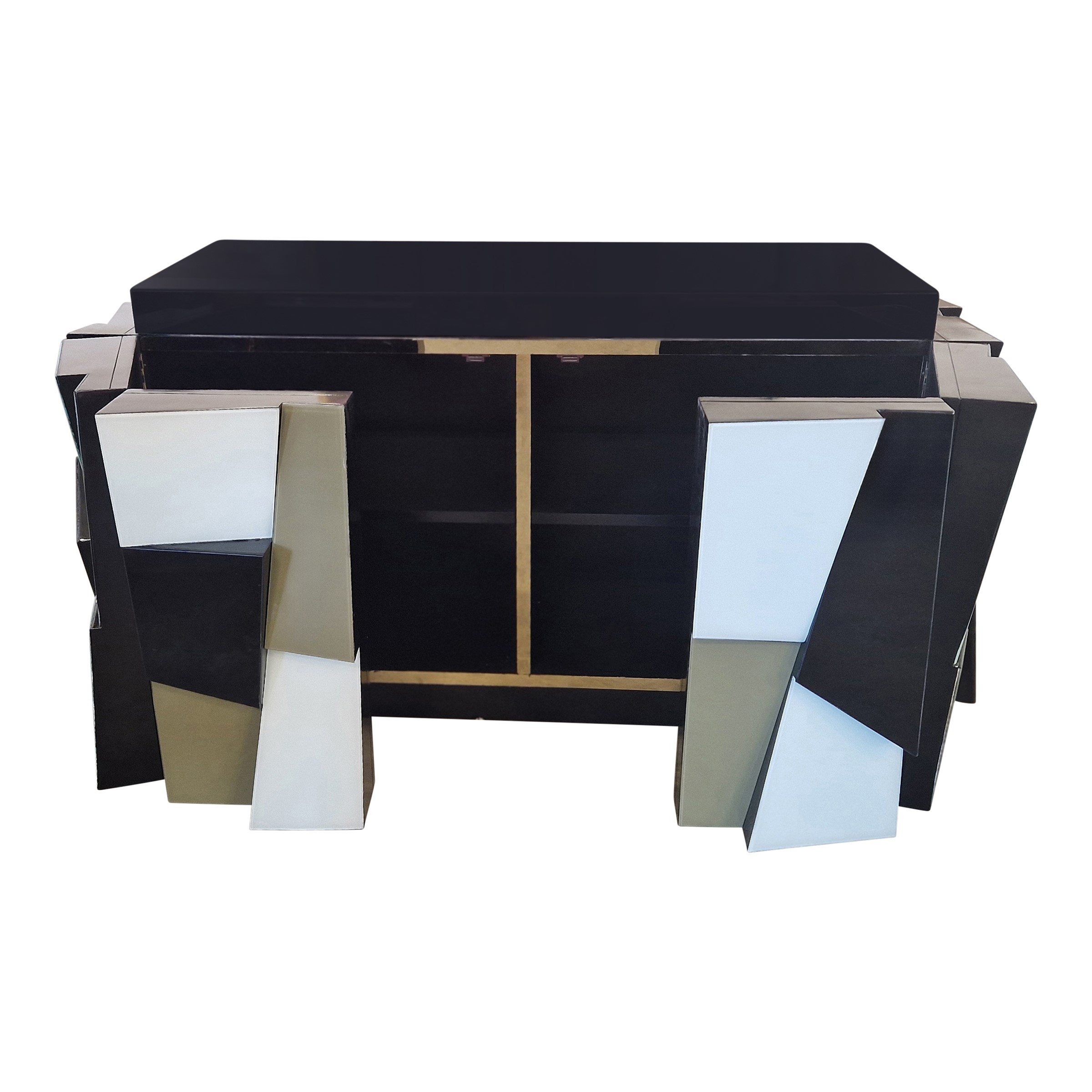 Manifattura italiana, Sideboard in legno con mattonelle in vetro nero, bianco e salvia (anni '90)...