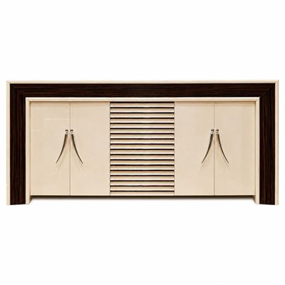 Manifattura francese, Credenza/Sideboard in legno ebanizzato con pannelli in pergamena