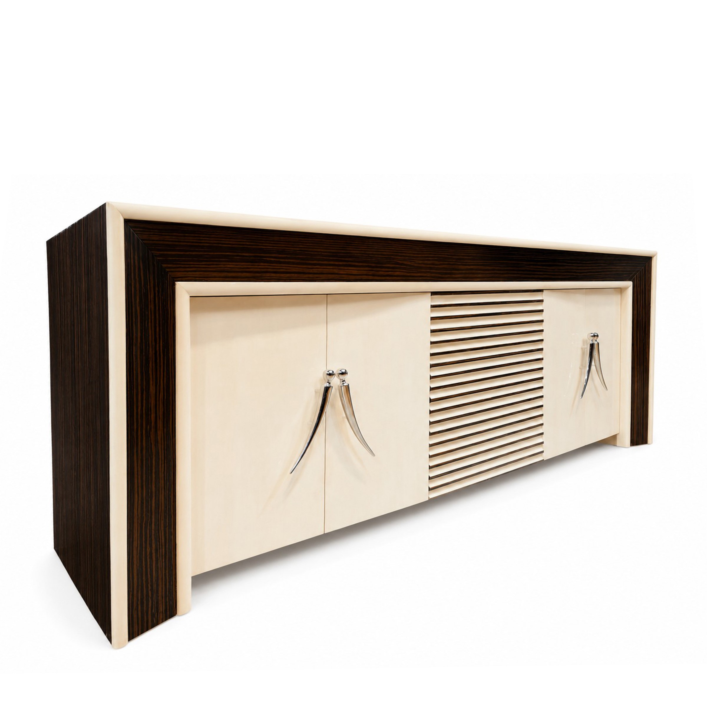 Manifattura francese, Credenza/Sideboard in legno ebanizzato con pannelli in pergamena