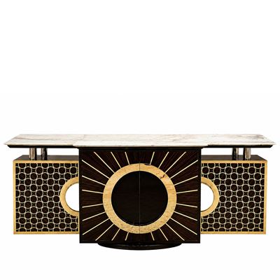 Manifattura italiana, Sideboard in legni diversi con inserti in acciaio e piano in marmo