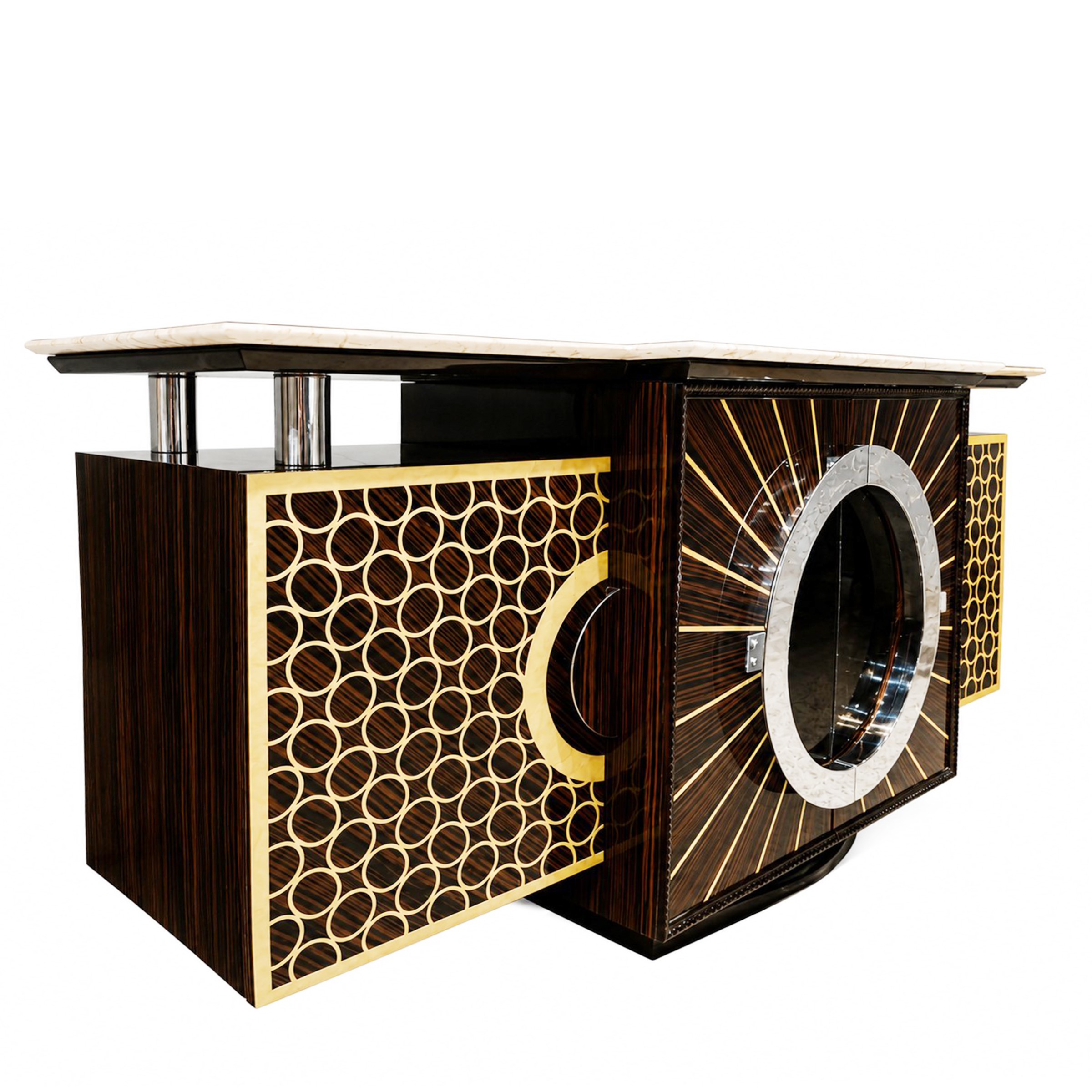 Manifattura italiana, Sideboard in legni diversi con inserti in acciaio e piano in marmo