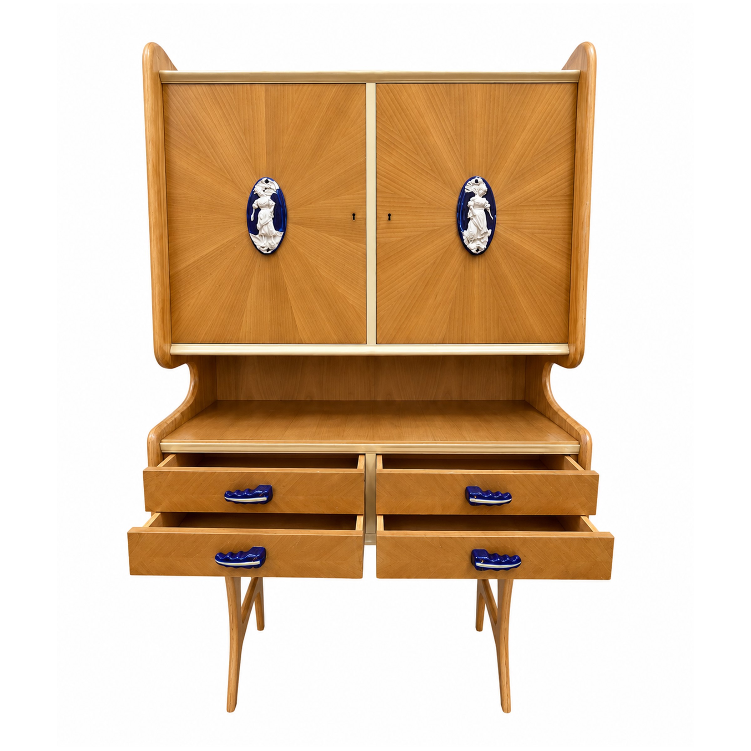 Dassi arredamenti, mobile in legno con maniglie in ceramica (attribuito), anni ’60-’70
