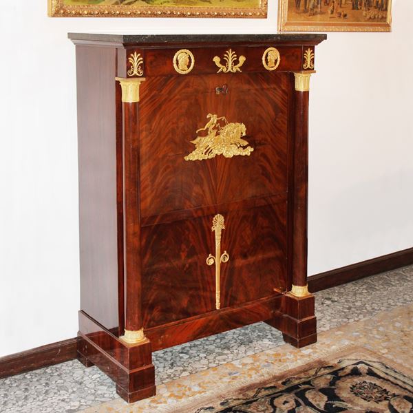 Secretaire Impero in mogano e piuma di mogano