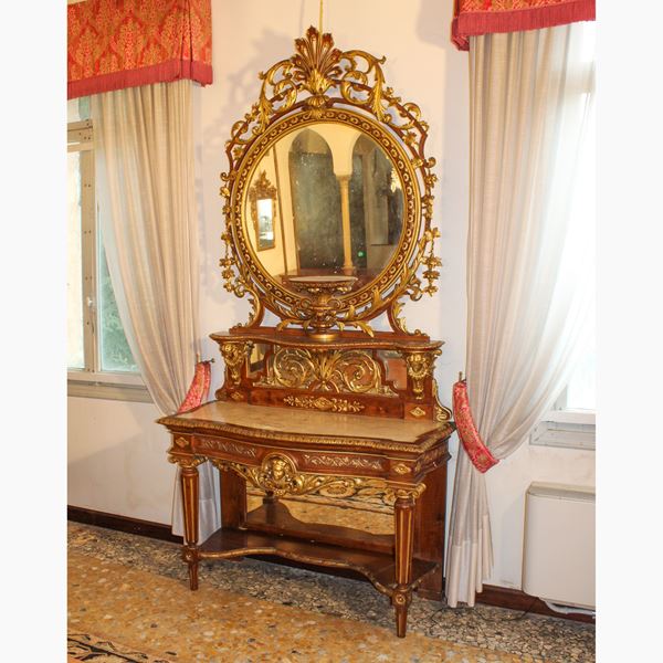 ♦ Mobile consolle con specchiera in legno e legno dorato