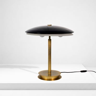 Fontana Arte, Lampada da tavolo mod. 2280 in ottone, metallo laccato e vetro di Murano