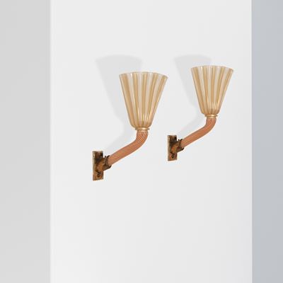 Barovier & Toso, Coppia di lampade da parete in vetro di Murano con struttura in ottone