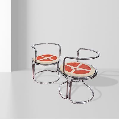 Gae Aulenti, Coppia di poltroncine per Prisunic, acciaio cromato e tessuto, esemplari 089/350 e 1...