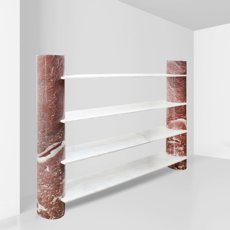 Mangiarotti, Libreria modello Loico con colonne in marmo rosso e ripiani in marmo bianco, anni '8...