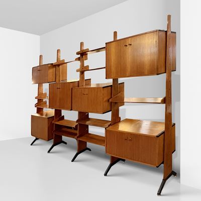 Vittorio Dassi (produzione AV), Libreria modulare, teak, legno e metallo verniciato con dettagli ...