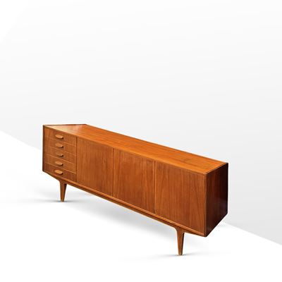 Manifattura danese, Credenza/sideboard in legno con tre sportelli e cinque cassetti