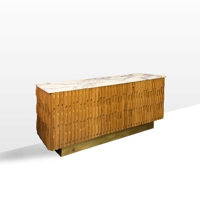 Manifattura italiana, sideboard in legno con elementi in ottone e piano in marmo